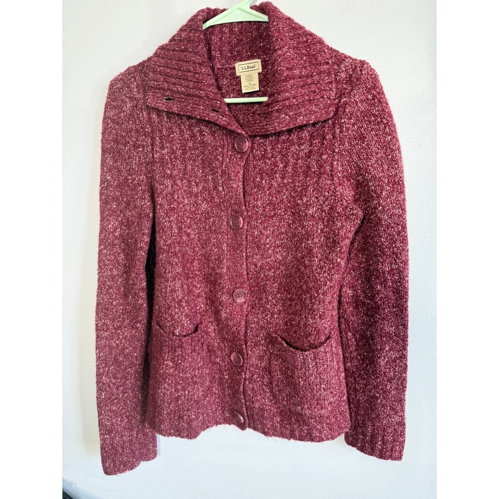 L.L. Bean Womens Marled Cable Ribbed Knit Button Up Cardigan Sweater Size M Cozy
